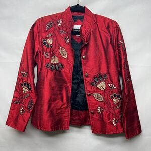 Yak Magik 100% Silk Vintage Embroidered Red Floral Women's Jacket Size Small